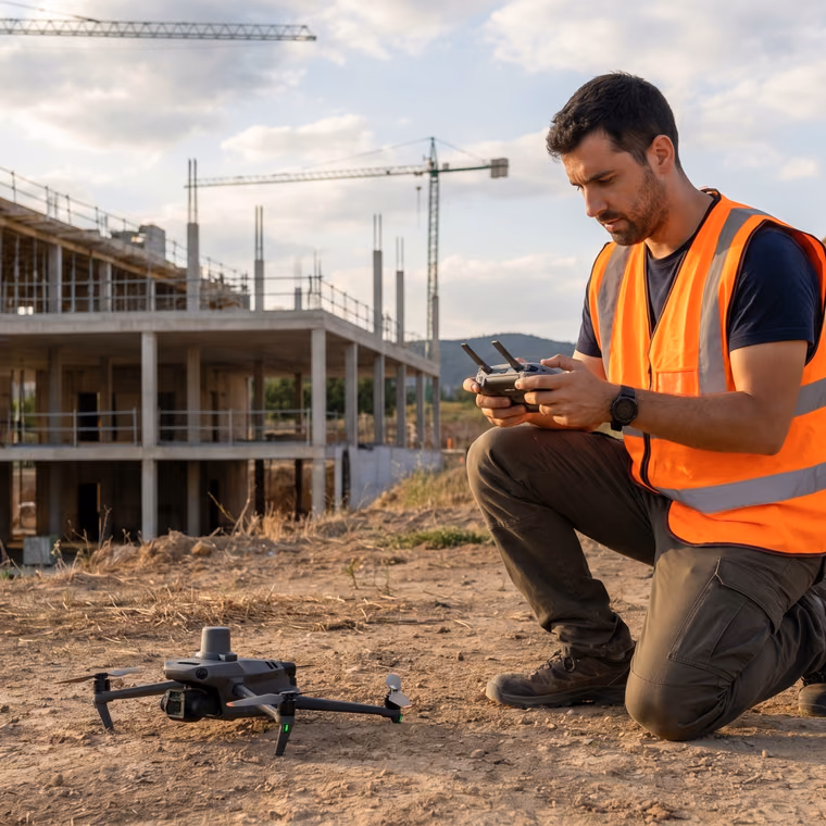 Dron sobrevolando una obra en construcción