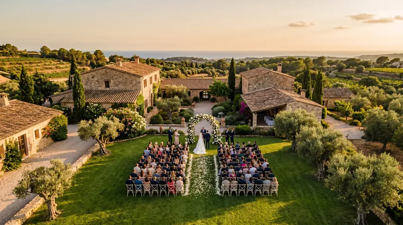 Wedding ceremony at a venue seen from above with a drone
