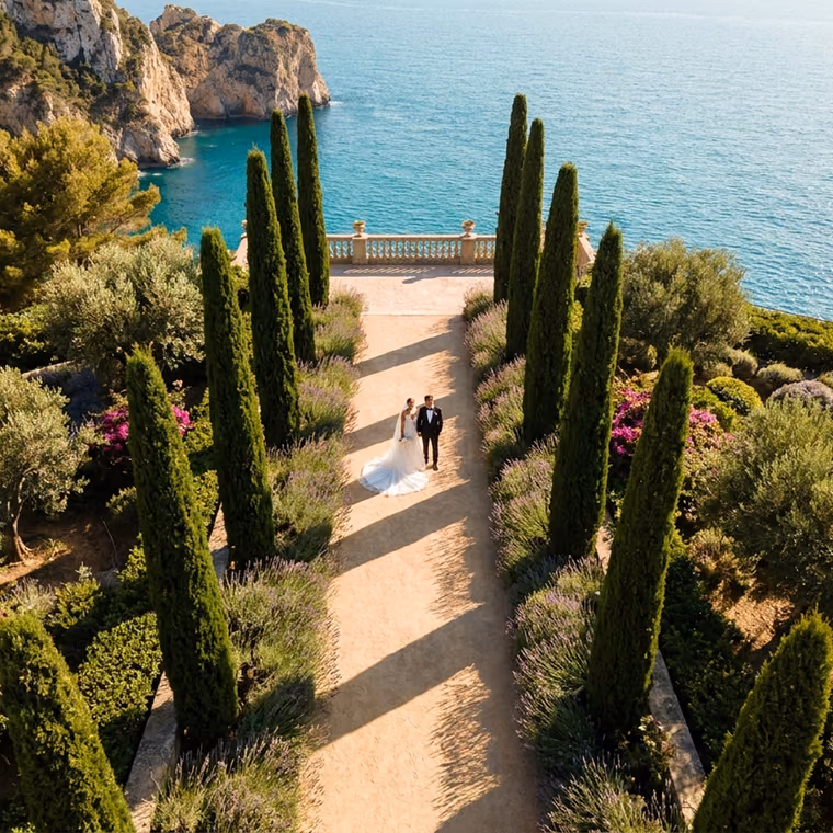Aerial drone photo of the newlyweds in a seaside garden