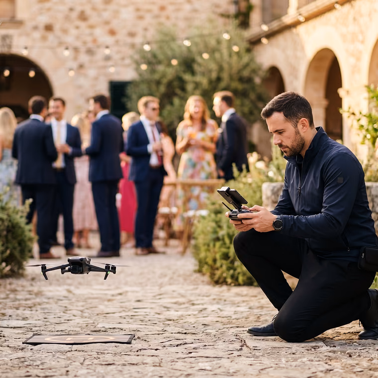 EASA-certified drone pilot flying discreetly during a wedding cocktail
