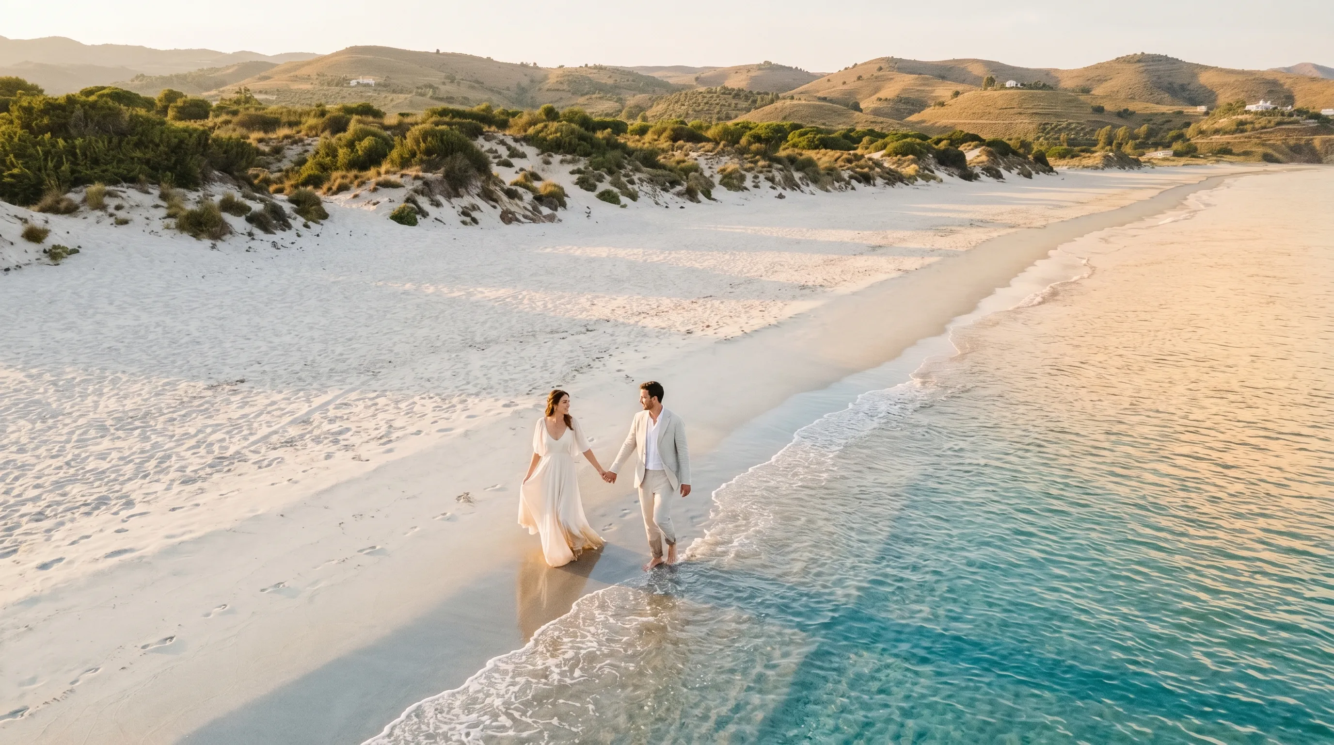 Aerial drone photo of a newlywed couple walking along the beach at sunset